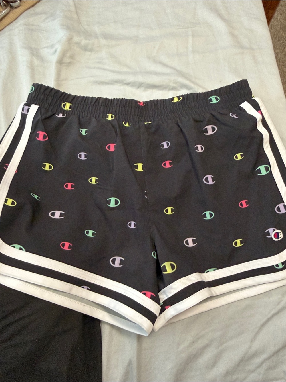 Champion Black Athletic Shorts with Multicolor Logo Print